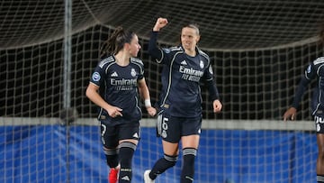 SAN SEBASTIÁN (PAÍS VASCO), 14/03/2026.- La centrocampista del Real Madrid Sandie Toletti (d) celebra tras anotar un gol durante el partido de la jornada 22 de la Liga F que Real Sociedad y Real Madrid disputan este sábado en San Sebastián. EFE/ Juan Herrero