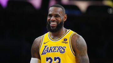 Mar 18, 2024; Los Angeles, California, USA; Los Angeles Lakers forward LeBron James (23) reacts against the Atlanta Hawks in the second half at Crypto.com Arena. Mandatory Credit: Kirby Lee-USA TODAY Sports