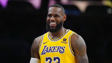 Mar 18, 2024; Los Angeles, California, USA; Los Angeles Lakers forward LeBron James (23) reacts against the Atlanta Hawks in the second half at Crypto.com Arena. Mandatory Credit: Kirby Lee-USA TODAY Sports