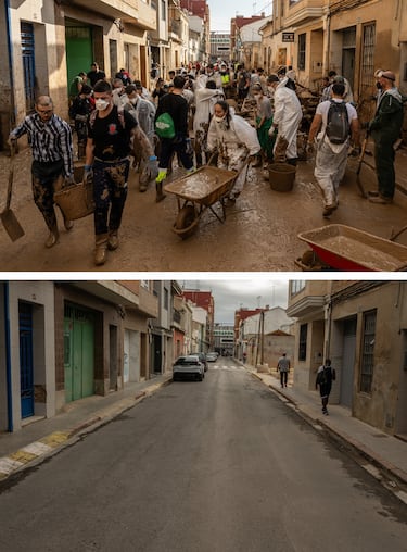 Imagen superior: Voluntarios y residentes limpian el lodo de una calle mientras el área se recupera de las inundaciones en el municipio de Massanassa. Imagen inferior: La misma calle en al actualidad. 