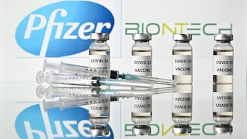 (FILES) This file illustration taken on November 17, 2020 in London shows vials with Covid-19 vaccine stickers attached and syringes with the logo of US pharmaceutical company Pfizer and German partner BioNTech. - Data from 38,000 trial participants invol