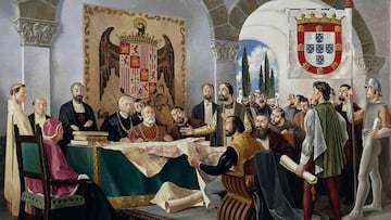 Firma del Tratado de Tordesillas entre España y Portugal el 7 de junio de 1494. España, siglo XV.