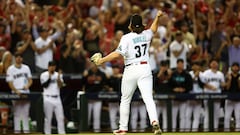 Oct 11, 2023; Phoenix, Arizona, USA; Arizona Diamondbacks relief pitcher Kevin Ginkel (37) reacts after an out against the Los Angeles Dodgers in the seventh inning for game three of the NLDS for the 2023 MLB playoffs at Chase Field. Mandatory Credit: Mark J. Rebilas-USA TODAY Sports