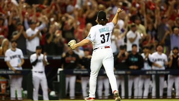 Oct 11, 2023; Phoenix, Arizona, USA; Arizona Diamondbacks relief pitcher Kevin Ginkel (37) reacts after an out against the Los Angeles Dodgers in the seventh inning for game three of the NLDS for the 2023 MLB playoffs at Chase Field. Mandatory Credit: Mark J. Rebilas-USA TODAY Sports