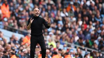 Manchester (United Kingdom), 23/09/2023.- Manchester City manager Pep Guardiola during the English Premier League soccer match between Manchester City and Nottingham Forest in Manchester, Britain, 23 September 2023. (Reino Unido) EFE/EPA/ADAM VAUGHAN EDITORIAL USE ONLY. No use with unauthorized audio, video, data, fixture lists, club/league logos or 'live' services. Online in-match use limited to 120 images, no video emulation. No use in betting, games or single club/league/player publications.
