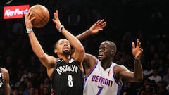 Mar 11, 2019; Brooklyn, NY, USA; Brooklyn Nets guard Spencer Dinwiddie (8) takes a shot while being defended by Detroit Pistons forward Thon Maker (7) during the second half at Barclays Center. Mandatory Credit: Andy Marlin-USA TODAY Sports