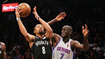 Mar 11, 2019; Brooklyn, NY, USA; Brooklyn Nets guard Spencer Dinwiddie (8) takes a shot while being defended by Detroit Pistons forward Thon Maker (7) during the second half at Barclays Center. Mandatory Credit: Andy Marlin-USA TODAY Sports