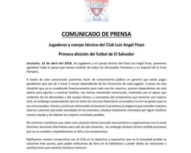 Plantel de Luis Ángel Firpo seguirá entrenando pese a falta de pagos