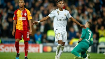 Rodrygo celebra uno de sus tres goles al Galatasaray la semana pasada.