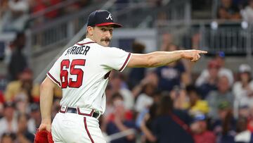 ATLANTA, GEORGIA - SEPTEMBER 01: Spencer Strider #65 of the Atlanta Braves reacts as he strikes out Elehuris Montero #44 of the Colorado Rockies in the eighth inning at Truist Park on September 01, 2022 in Atlanta, Georgia.   Kevin C. Cox/Getty Images/AFP
== FOR NEWSPAPERS, INTERNET, TELCOS & TELEVISION USE ONLY ==