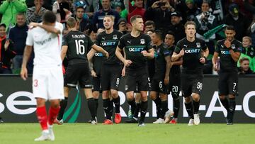 Soccer Football - Europa League - Group Stage - Group J - Krasnodar v Sevilla - Krasnodar Stadium, Krasnodar, Russia - October 4, 2018  Krasnodar&#039;s Mauricio Pereyra (hidden) celebrates scoring their first goal with team mates  REUTERS/Maxim Shemetov