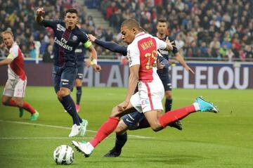Monaco's Kylian Mbappe in action during the French League Cup Final match against Paris Saint-Germain.
