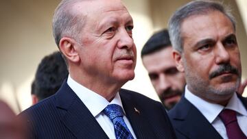 Turkish President Tayyip Erdogan and Turkish Foreign Minister Hakan Fidan look on, during the inauguration of The Great Mosque of Tirana or Namazgah Mosque, the largest mosque in the Balkans, in Tirana, Albania October 10, 2024. REUTERS/Florion Goga