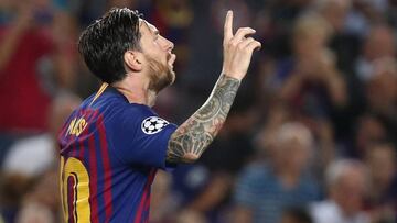 Soccer Football - Champions League - Group Stage - Group B - FC Barcelona v PSV Eindhoven - Camp Nou, Barcelona, Spain - September 18, 2018 Barcelona's Lionel Messi celebrates scoring their third goal REUTERS/Sergio Perez