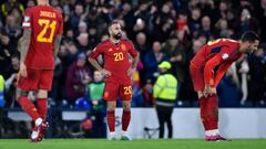GLASGOW, SCOTLAND - MARCH 28: Spain's Dani Carvajal looks dejected during a UEFA Euro 2024 Qualifier between Scotland and Spain at Hampden Park, on March 28, 2023, in Glasgow, Scotland. (Photo by Ross MacDonald/SNS Group via Getty Images)