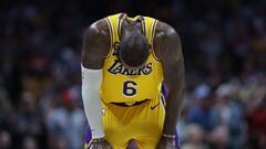 DENVER, COLORADO - MAY 18: LeBron James #6 of the Los Angeles Lakers reacts after losing to the Denver Nuggets in game two of the Western Conference Finals at Ball Arena on May 18, 2023 in Denver, Colorado. NOTE TO USER: User expressly acknowledges and agrees that, by downloading and or using this photograph, User is consenting to the terms and conditions of the Getty Images License Agreement.   Matthew Stockman/Getty Images/AFP (Photo by MATTHEW STOCKMAN / GETTY IMAGES NORTH AMERICA / Getty Images via AFP)