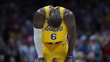 DENVER, COLORADO - MAY 18: LeBron James #6 of the Los Angeles Lakers reacts after losing to the Denver Nuggets in game two of the Western Conference Finals at Ball Arena on May 18, 2023 in Denver, Colorado. NOTE TO USER: User expressly acknowledges and agrees that, by downloading and or using this photograph, User is consenting to the terms and conditions of the Getty Images License Agreement.   Matthew Stockman/Getty Images/AFP (Photo by MATTHEW STOCKMAN / GETTY IMAGES NORTH AMERICA / Getty Images via AFP)