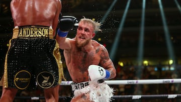 Oct 29, 2022; Glendale, Arizona, USA; Jake Paul moves in with a hit against Anderson Silva at Desert Diamond Arena. Mandatory Credit: Mark J. Rebilas-USA TODAY Sports