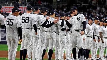 Oct 14, 2024; Bronx, New York, USA; New York Yankees outfielder Aaron Judge (99) is introduced before playing against the Cleveland Guardians in game one of the ALCS for the 2024 MLB Playoffs at Yankee Stadium. Mandatory Credit: Brad Penner-Imagn Images