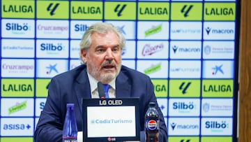 Manuel Vizcaíno en la sala de prensa del Nuevo Mirandilla en el balance de la temporada 24-25.