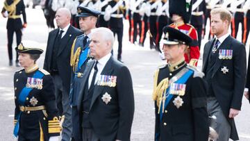 LONDON, ENGLAND - SEPTEMBER 14:  Princess Anne, Princess Royal, Prince William, Prince of Wales,  Prince Andrew, Duke of York, Prince Harry, Duke of Sussex walk behind Queen Elizabeth II's coffin is taken in procession on a Gun Carriage of The King's Troop Royal Horse Artillery from Buckingham Palace to Westminster Hall on September 14, 2022 in London, England. Queen Elizabeth II will lay in state until the early morning of her funeral. Queen Elizabeth II died at Balmoral Castle in Scotland on September 8, 2022, and is succeeded by her eldest son, King Charles III. (Photo by Samir Hussein/WireImage)