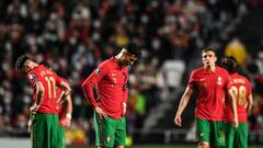 Portugal&#039;s forward Cristiano Ronaldo reacts during the FIFA World Cup Qatar 2022 qualification group A football match between Portugal and Serbia, at the Luz stadium in Lisbon, on November 14, 2021. (Photo by PATRICIA DE MELO MOREIRA / AFP)