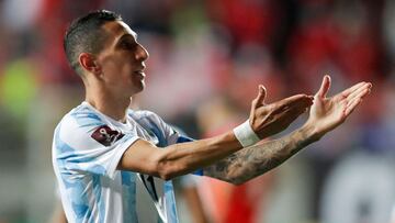 Argentina&#039;s Angel Di Maria celebrates after scoring against Chile during their South American qualification football match for the FIFA World Cup Qatar 2022 at Zorros del Desierto Stadium in Calama, Chile on January 27, 2022. (Photo by Javier Torres 