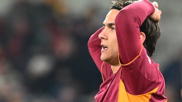 Roma�s Argentine forward #21 Paulo Dybala reacts during the Italian Serie A football match between As Roma and Sassuolo at Olympic stadium in Rome on January 10, 2026. (Photo by Alberto PIZZOLI / AFP)