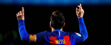 Lionel Messi of Barcelona celebrates after scoring his team's first goal during the La Liga match between FC Barcelona and RC Celta de Vigo at Camp Nou on March 04, 2017 in Barcelona, Spain.