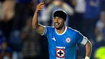 Cruz Azul's Ignacio Rivero celebrates after scoring his team's second goal during the Liga MX Apertura football league match between Cruz Azul and Tijuana at the Ciudad de los Deportes stadium in Mexico City on July 16, 2024. (Photo by ALFREDO ESTRELLA / AFP)