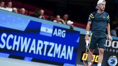 Argentina's Diego Schwartzman reacts during a match against Russia's Andrey Rublev (not seen) in the men's singles match at the Vienna Open Tennis tournament in Vienna on October 24, 2022. (Photo by Eva MANHART / APA / AFP) / Austria OUT