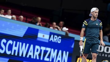 Argentina's Diego Schwartzman reacts during a match against Russia's Andrey Rublev (not seen) in the men's singles match at the Vienna Open Tennis tournament in Vienna on October 24, 2022. (Photo by Eva MANHART / APA / AFP) / Austria OUT