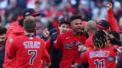 CLEVELAND, OHIO - OCTOBER 08: Oscar Gonzalez #39 of the Cleveland Guardians celebrates with teammates after hitting a walk-off home run to end the game in the fifteenth inning against the Tampa Bay Rays in game two of the Wild Card Series at Progressive Field on October 08, 2022 in Cleveland, Ohio. (Photo by Patrick Smith/Getty Images)