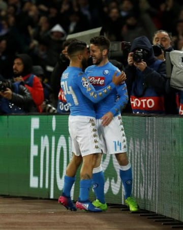 Mertens and Insigne embrace following the Belgian's goal.