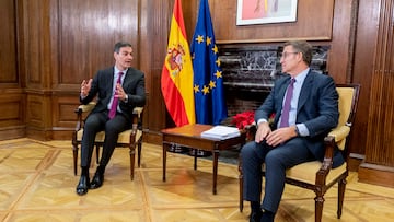 El presidente del Gobierno, Pedro Sánchez (i), y el líder del PP, Alberto Núñez Feijóo (d), conversan durante una reunión, en el Congreso de los Diputados, a 22 de diciembre de 2023, en Madrid (España). Durante el encuentro, han tratado temas como la renovación del Consejo General del Poder Judicial, la reforma del artículo 49 de la Constitución y el nuevo modelo de financiación autonómica, temas propuestos por el Gobierno. También, han hablado sobre la Ley de Amnistía y los pactos del Ejecutivo con el independentismo, a petición del PP.
22 DICIEMBRE 2023;REUNIÓN;PRESIDENTE;FEIJOO;SÁNCHEZ;PODER JUDICIAL;CGPJ;ARTÍCULO 49;AUTONOMÍA;REFORMA;PP-PSOE;PP;PSOE;
Alberto Ortega / Europa Press
22/12/2023