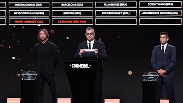 Conmebol's director of competitions and operations Frederico Nantes (C), assistend by ex-footballers Diego Lugano (L) of Uruguay and Ricardo Tavarelli of Paraguay, displays the paper slip of Peru's Sporting Cristal during the draw of the group phase of the Libertadores Cup football tournament, at Conmebol's headquarters in Luque, Paraguay, on March 27, 2023. (Photo by NORBERTO DUARTE / AFP)