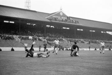 Manuel Sanchís levels for Spain against Switzerland at Hillsborough in the 1966 World Cup finals.