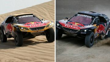 Peterhansel y Sainz con sus Peugeot del Dakar.