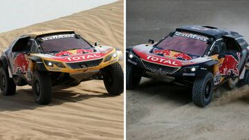 Peterhansel y Sainz con sus Peugeot del Dakar. 