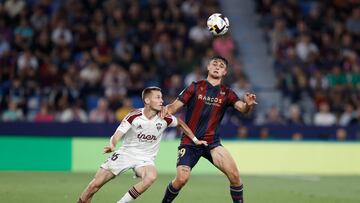 VALENCIA, 07/06/2023.- El defensa del Levante, Marc Pubill (d), disputa el balón ante el delantero del Albacete, Jonathan Dubasin durante el encuentro correspondiente a la vuelta de la semifinal del play off de ascenso a Primera División disputado hoy miércoles en el estadio Ciutat de Valencia. EFE / Kai Forsterling.
