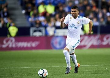 Casemiro of Real Madrid controls the ball during the La Liga match between Malaga CF and Real Madrid CF at Estadio La Rosaleda