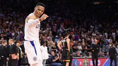 PHOENIX, ARIZONA - APRIL 16: Russell Westbrook #0 of the LA Clippers celebrates following Game One of the Western Conference First Round Playoffs at Footprint Center on April 16, 2023 in Phoenix, Arizona. The Clippers defeated the Suns 115-110. NOTE TO USER: User expressly acknowledges and agrees that, by downloading and or using this photograph, User is consenting to the terms and conditions of the Getty Images License Agreement.   Christian Petersen/Getty Images/AFP (Photo by Christian Petersen / GETTY IMAGES NORTH AMERICA / Getty Images via AFP)