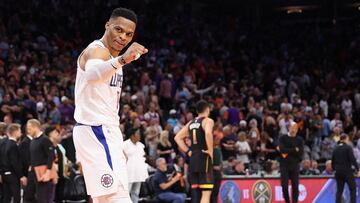 PHOENIX, ARIZONA - APRIL 16: Russell Westbrook #0 of the LA Clippers celebrates following Game One of the Western Conference First Round Playoffs at Footprint Center on April 16, 2023 in Phoenix, Arizona. The Clippers defeated the Suns 115-110. NOTE TO USER: User expressly acknowledges and agrees that, by downloading and or using this photograph, User is consenting to the terms and conditions of the Getty Images License Agreement.   Christian Petersen/Getty Images/AFP (Photo by Christian Petersen / GETTY IMAGES NORTH AMERICA / Getty Images via AFP)