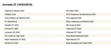 Calendario completo con las 38 jornadas de LaLiga 2018/2019