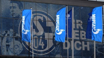 Banderas con el logo de Gazprom ondean en el Veltins-Arena, estadio del Schalke 04.