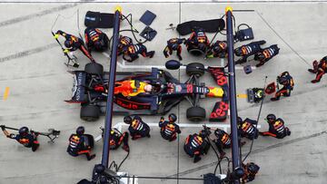 SHANGHAI, CHINA - APRIL 14: Max Verstappen of the Netherlands driving the (33) Aston Martin Red Bull Racing RB15 makes a pitstop for new tyres during the F1 Grand Prix of China at Shanghai International Circuit on April 14, 2019 in Shanghai, China. (Photo