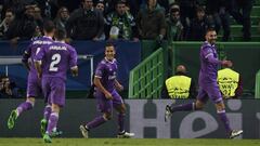 Benzema celebra el gol con el que el Real Madrid derrotó al Sporting de Lisboa.