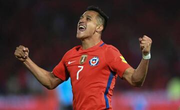 Chile's Alexis Sanchez celebrates after scoring against Uruguay.