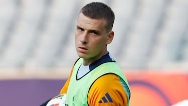 Lunin, en un entrenamiento en el Soldier Field de Chicago durante la gira de pretemporada del Real Madrid por Estados Unidos.