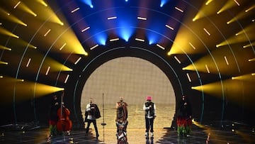 Members of the band "Kalush Orchestra" perform on behalf of Ukraine during the first semifinal of the Eurovision Song contest 2022 on May 10, 2022 at the Palalpitour venue in Turin. (Photo by Marco BERTORELLO / AFP) (Photo by MARCO BERTORELLO/AFP via Getty Images)